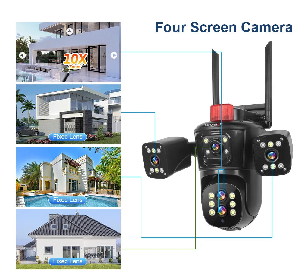 LS VISION 10K 20MP Four Screens WiFi PTZ Camera 10X Optical Zoom Auto Tracking Humanoid Detection CCTV Security Cameras Outdoor