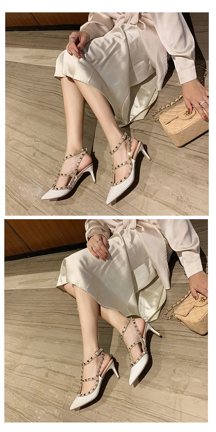2025 Summer Brand Leather Women's Sandals Classic Rivet Gladiator High Heels Sexy Luxury Pumps Wedding Party Pointed toe Shoes