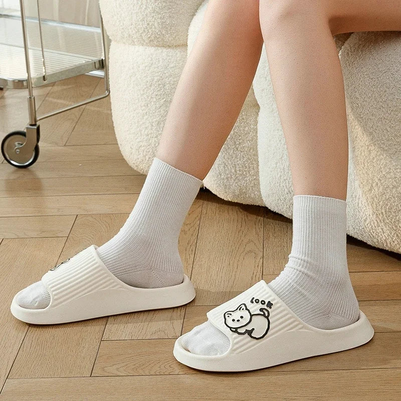 2024 Summer Women Slippers Bath Thick Platform Non-Slip Home Cat Cartoon Flip Flops Beach Sandals Ladies Slides Indoor Outdoor