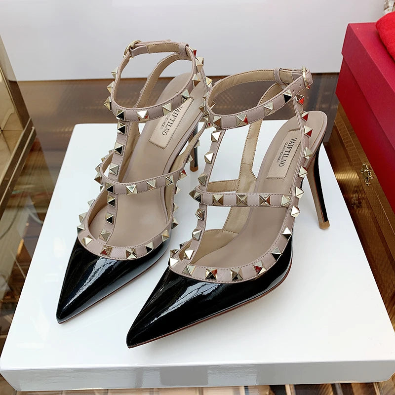 2025 Summer Brand Leather Women's Sandals Classic Rivet Gladiator High Heels Sexy Luxury Pumps Wedding Party Pointed toe Shoes