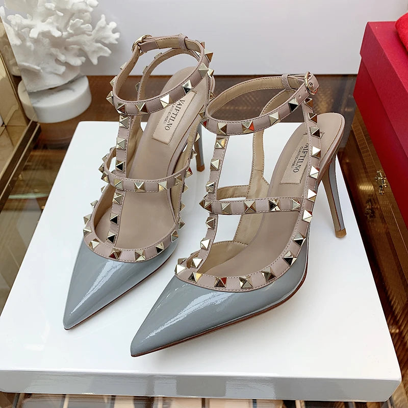 2025 Summer Brand Leather Women's Sandals Classic Rivet Gladiator High Heels Sexy Luxury Pumps Wedding Party Pointed toe Shoes