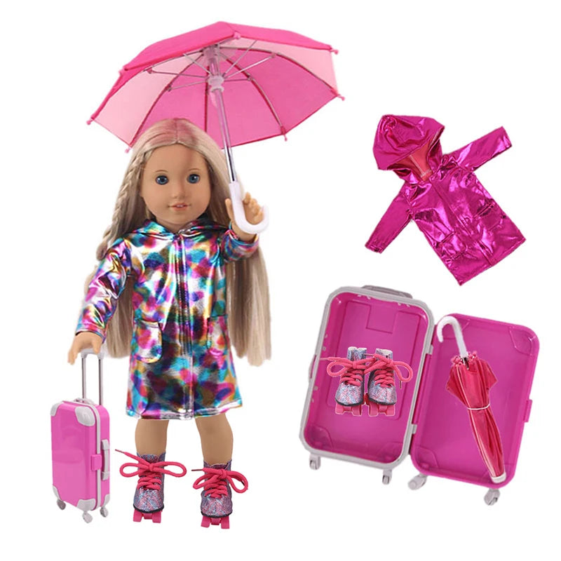 4Pcs=Raincoat+Umbrella+Rain Boots+Suitcase For 18 Inch American Doll&43Cm Reborn Baby Doll Accessories Generation Girl DIY Toys