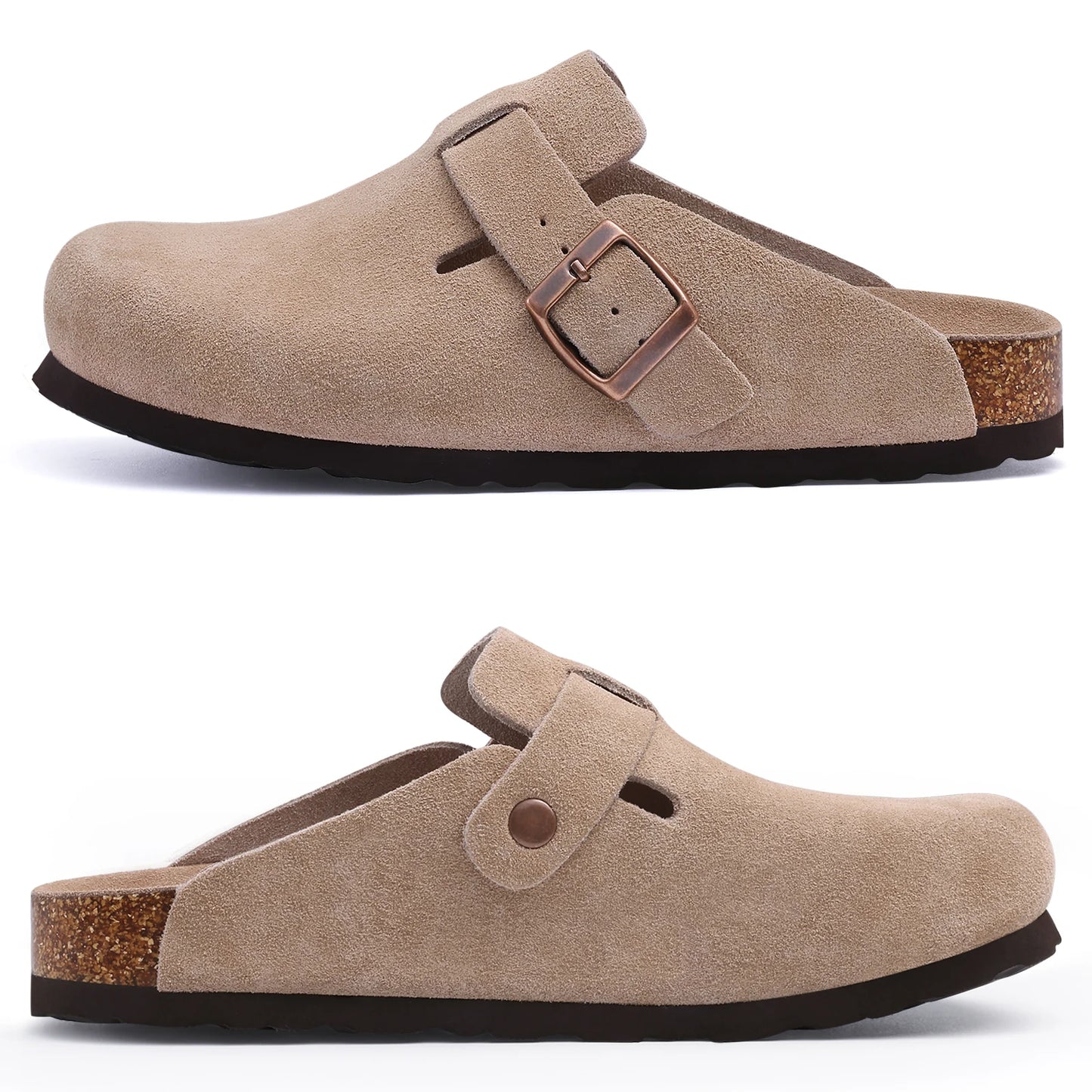 KIDMI Cork Clogs Slippers For Women Cork Footbed Beach Sandals Outdoor Suede Clogs Sandals With Adjustable Buckle Men Sandals