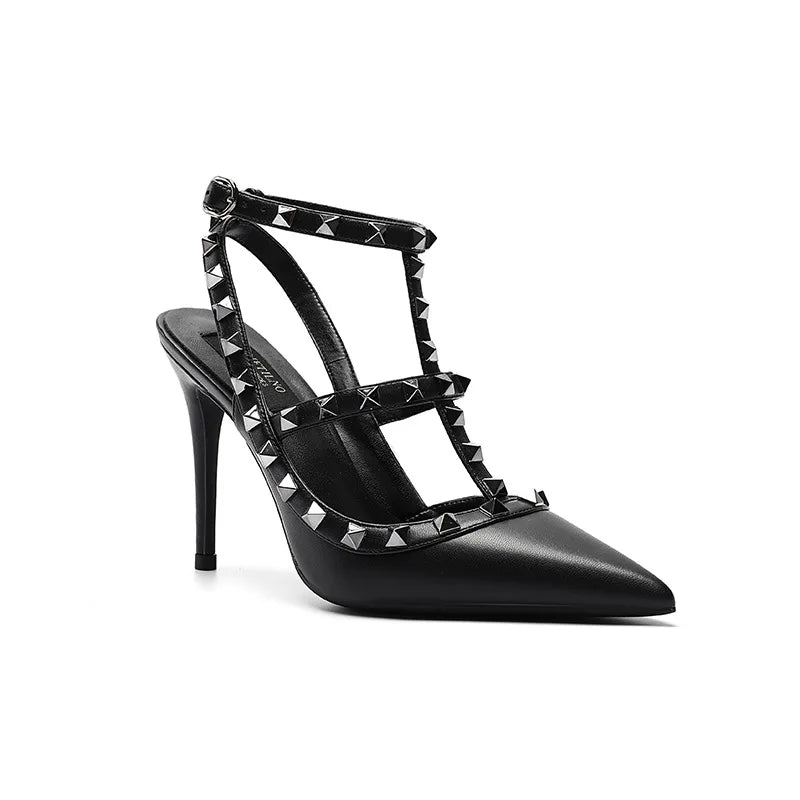 2025 Summer Brand Leather Women's Sandals Classic Rivet Gladiator High Heels Sexy Luxury Pumps Wedding Party Pointed toe Shoes