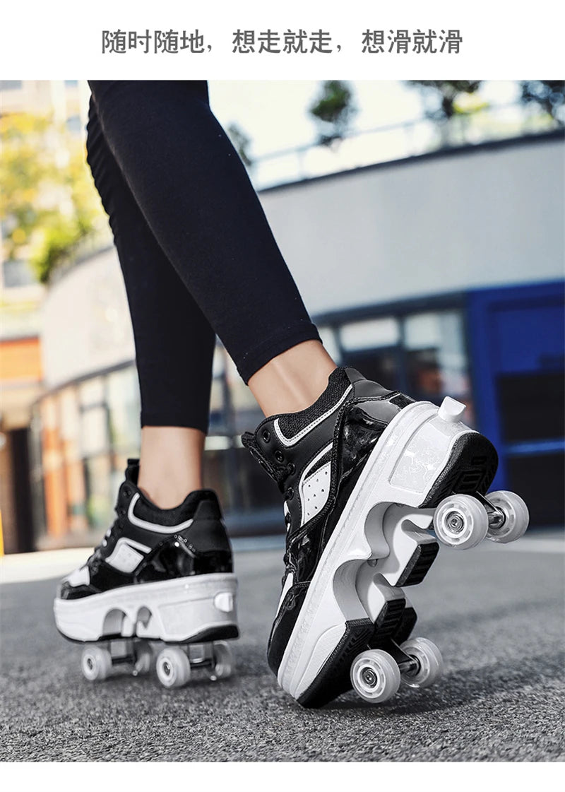 Parkour Shoes 4 Wheels Deformation Roller Skating Shoes Kids Adults Unisex Sneakers Street Urban Fitness FSK Quad Skating Shoes