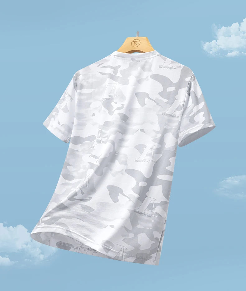Quick drying ice silk short sleeved T-shirt 2024 summer camouflage thin breathable quick drying running fitness sportswear