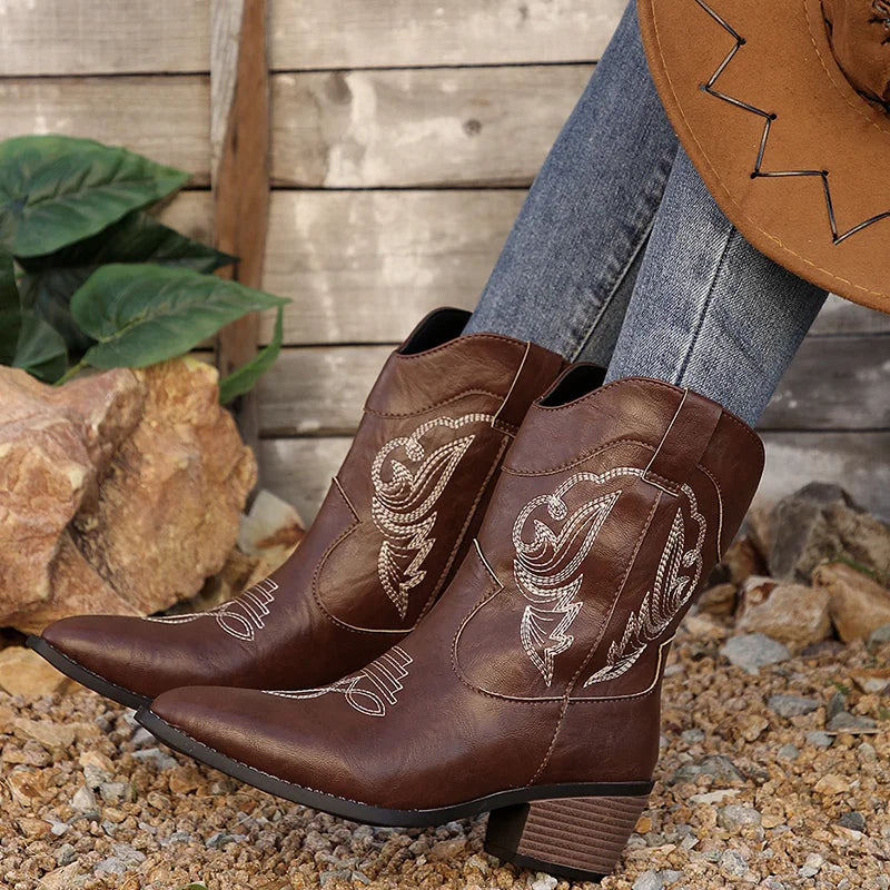 Ethnic Embroider Decor High Heel Boots for Women 2025 New Spring Ankle Vacation Pointed Toe Boots Western Cowgirl Short Boots