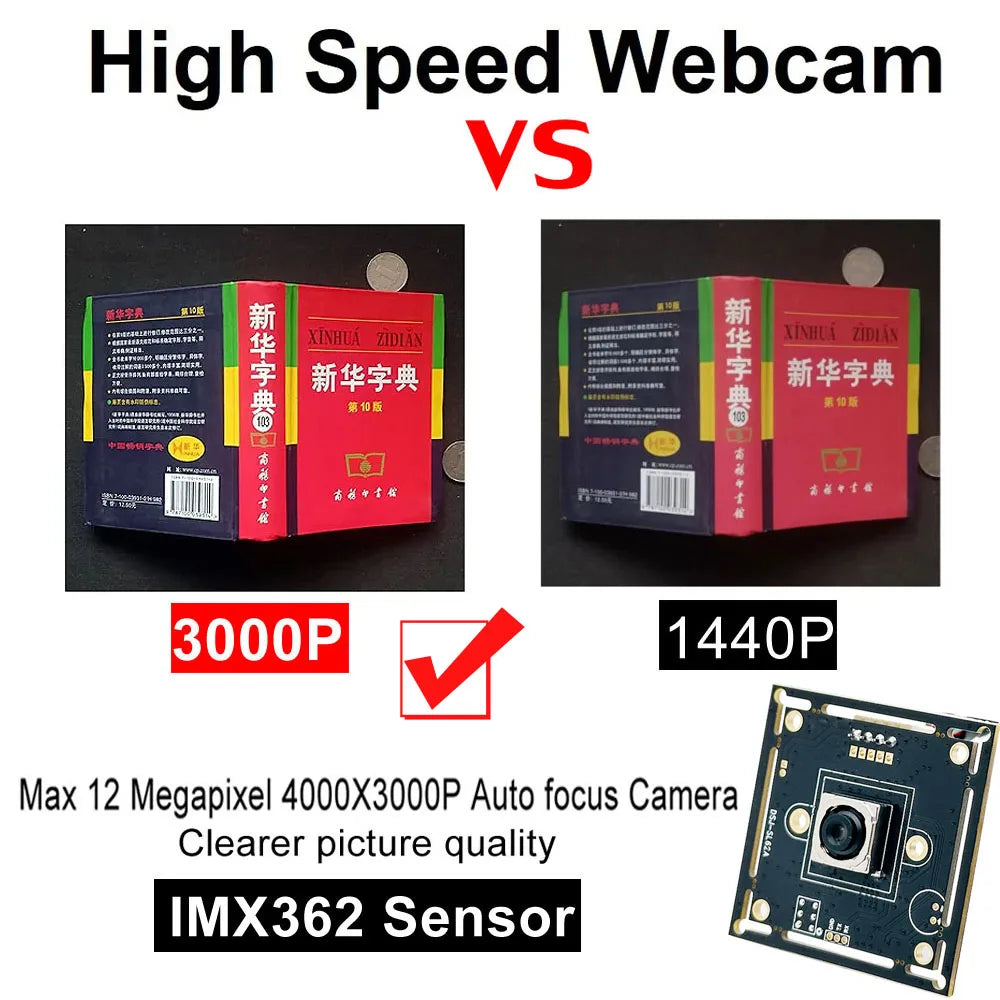 Industrial 12MP 4000x3000 CMOS IMX362 USB Webcam Autofocus NoDistortion Lens Hd Surveillance USB Camera PC OTG UVC Plug And Play