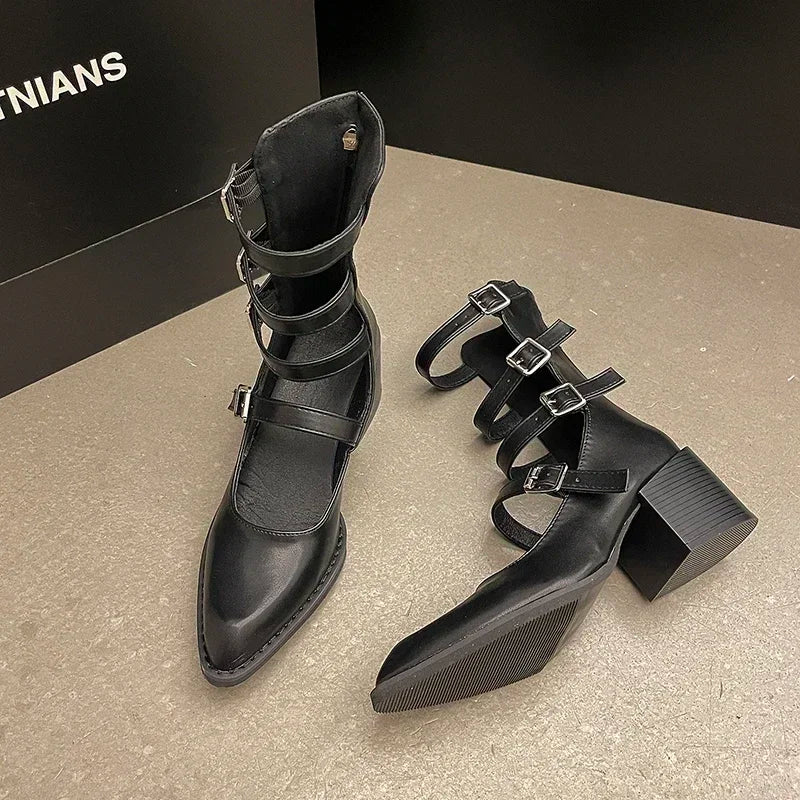 Pointed Toe Women Ankle Boots Fashion Back Zippers Metal Buckle Short Booties Retro Style Female Shoes