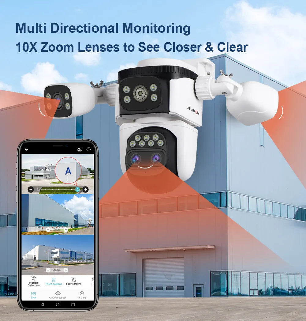LS VISION 20MP 3*Screens Home Surveillance Wifi Camera 10X Zoom Outdoor Surveillance Camera Ip PTZ Auto Tracking Security Cctv