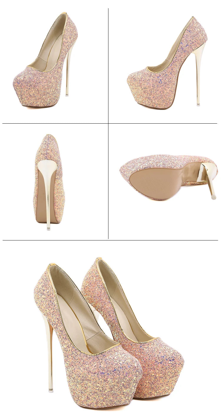 Comemore Sexy Size 34 43 44 45 Bling Sequins High Heels Pumps Platform Fashion Striptease Women's Heel Shoes Summer Slip-On 2025