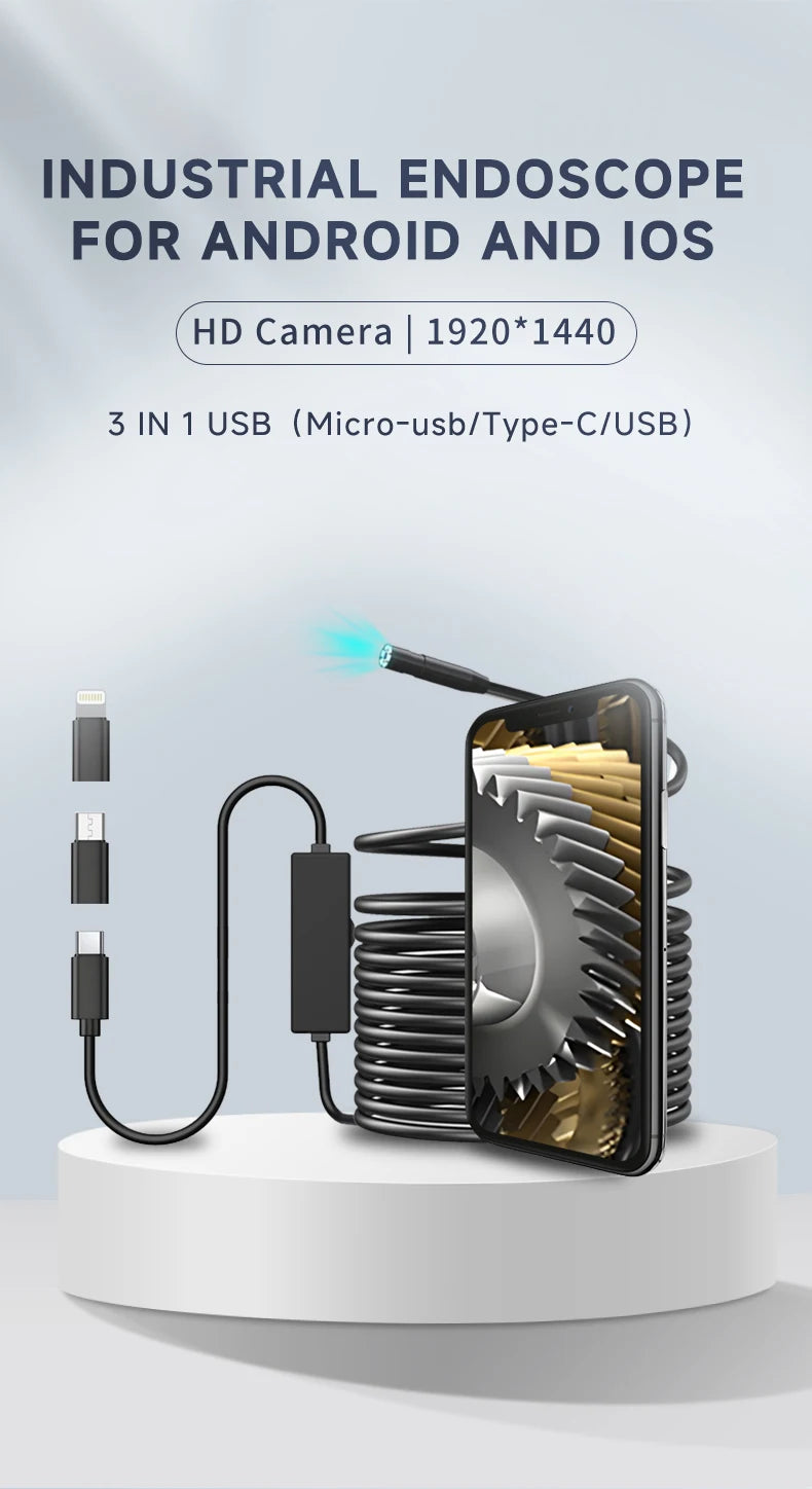 Dodosee 1440p HD Endoscope 3 in 1 Car Inspection Borescope Mini Camera 8mm Lens for Iphone IOS Smart Phone Android Pad Type C