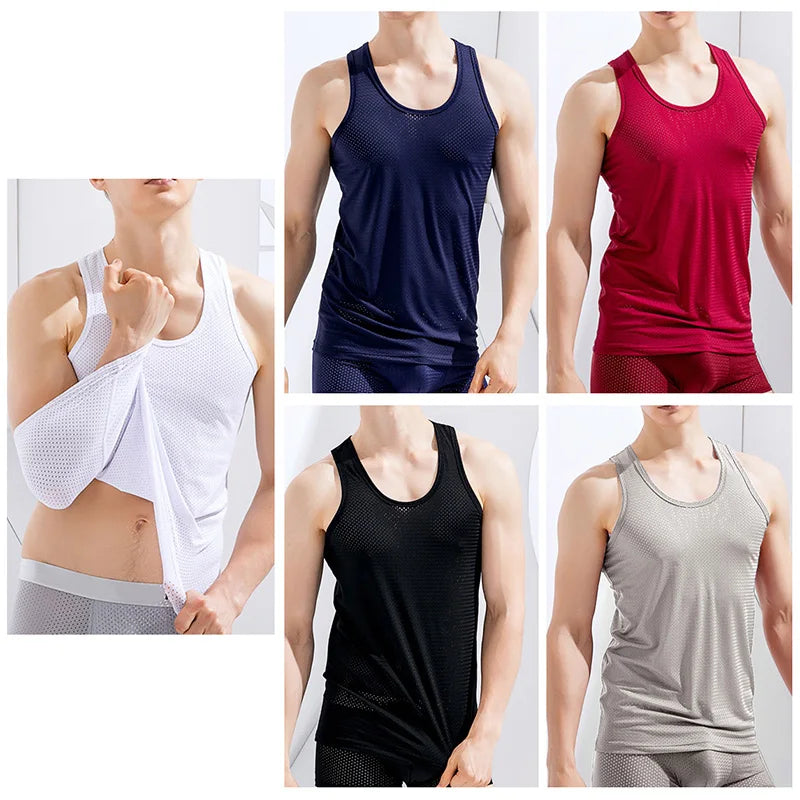 Summer Mesh Tank Top Men Gym Fitness Quick Dry T-shirt Mens Bodybuilding Fitness Muscle Sleeveless Breathable Male Mesh T Shirts