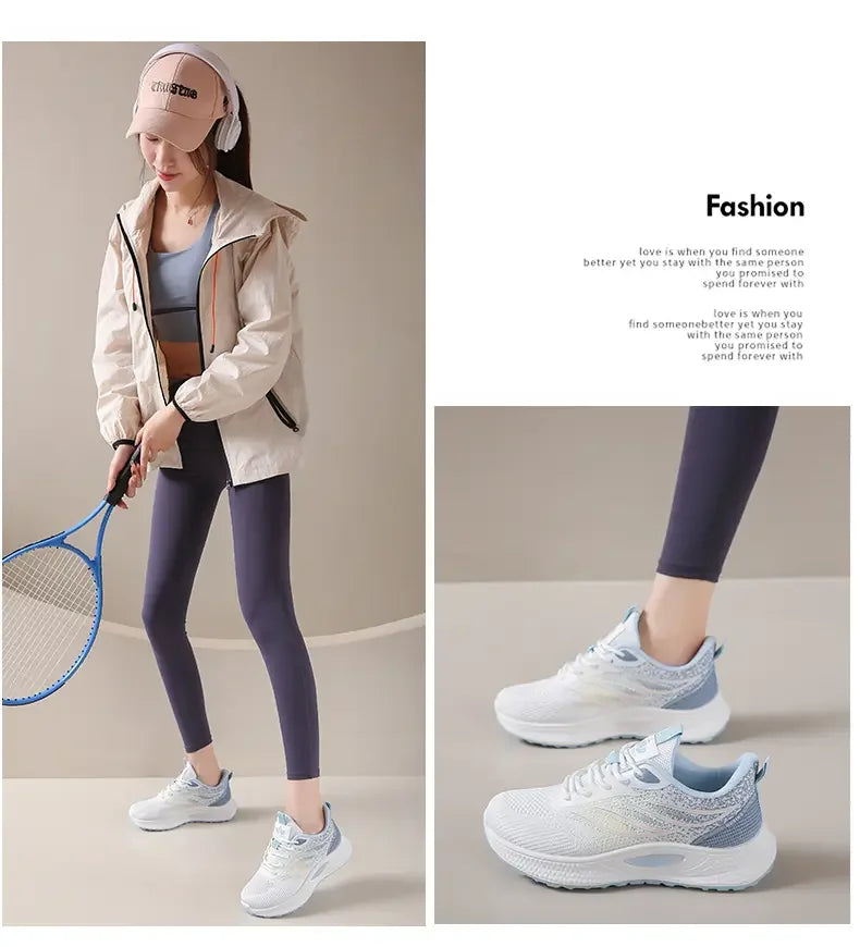 Spring Women New Mesh Lightweight Sports Breath Lace Up Fitness Comfortable Thick Soled Casual Running Shoes Tenis Masculino