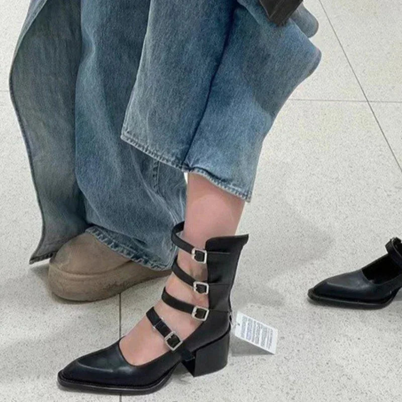 Pointed Toe Women Ankle Boots Fashion Back Zippers Metal Buckle Short Booties Retro Style Female Shoes