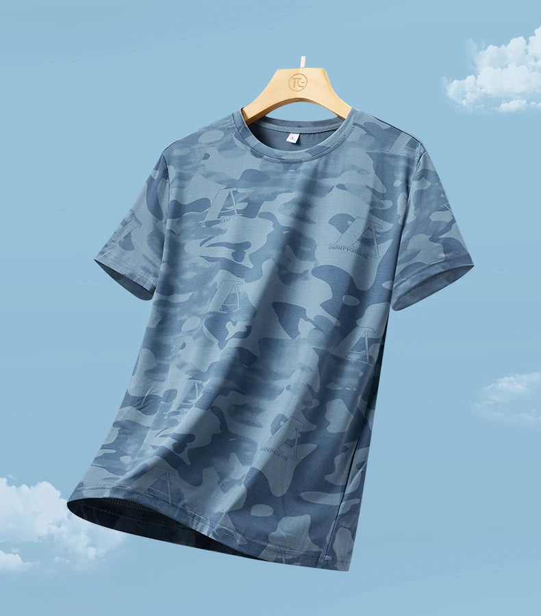 Quick drying ice silk short sleeved T-shirt 2024 summer camouflage thin breathable quick drying running fitness sportswear