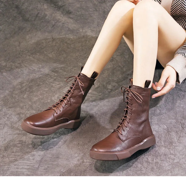 DRKANOL 2026 Fashion Women Boots Autumn Winter Shoes Soft Bottom 100% Genuine Leather Flat Mid Calf Boots Women Casual Warm Boot