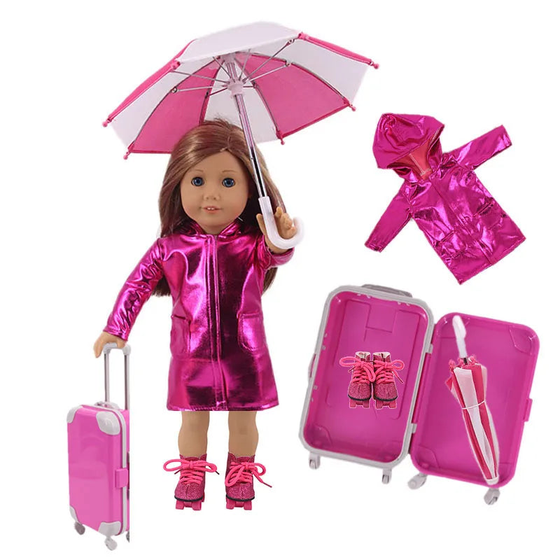 4Pcs=Raincoat+Umbrella+Rain Boots+Suitcase For 18 Inch American Doll&43Cm Reborn Baby Doll Accessories Generation Girl DIY Toys