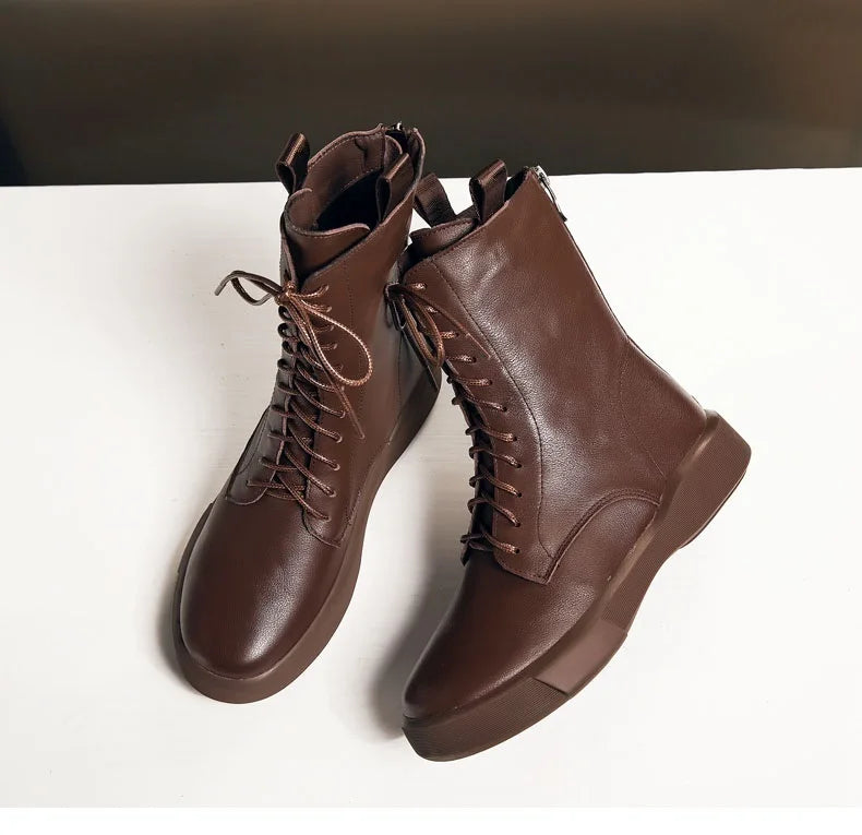 DRKANOL 2026 Fashion Women Boots Autumn Winter Shoes Soft Bottom 100% Genuine Leather Flat Mid Calf Boots Women Casual Warm Boot