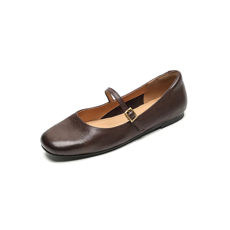 Retro Style Square Toe Women's Mary Jane Shoes Elegant Shallow Dress Flats Leather Footwear for Ladies
