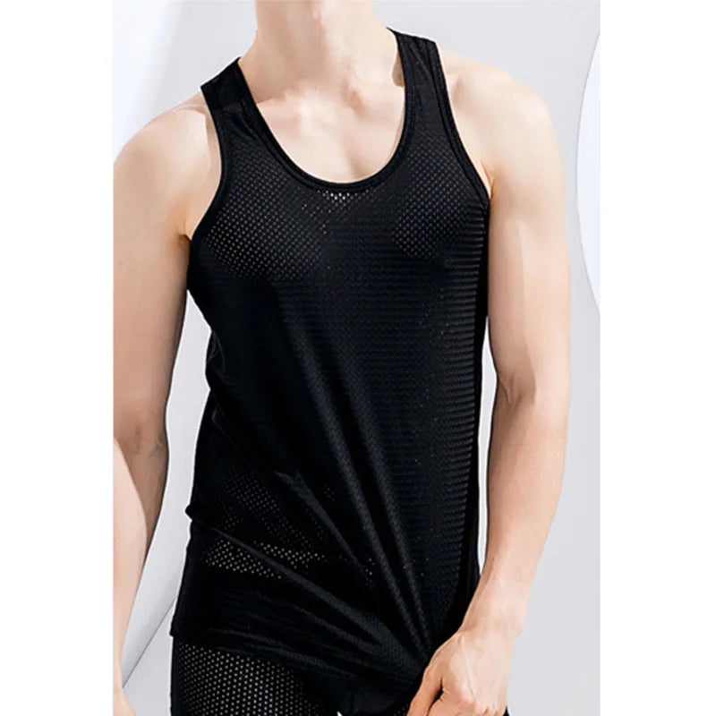 Summer Mesh Tank Top Men Gym Fitness Quick Dry T-shirt Mens Bodybuilding Fitness Muscle Sleeveless Breathable Male Mesh T Shirts