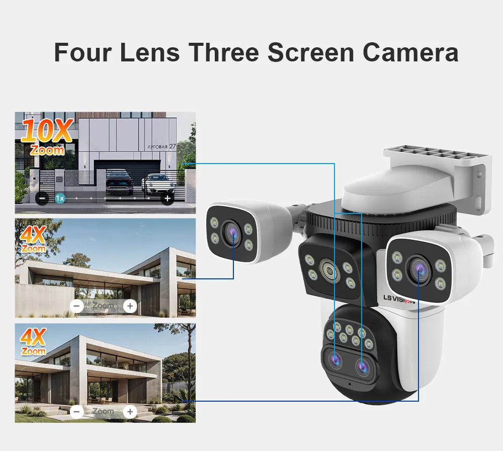 LS VISION 20MP 3*Screens Home Surveillance Wifi Camera 10X Zoom Outdoor Surveillance Camera Ip PTZ Auto Tracking Security Cctv