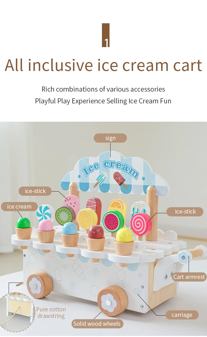 Wooden Ice Cream Girl Toy Kitchen Pretend Play Toys Kitchen Accessories Simulation Ice Cream Shop Montessori Education Toy Gifts
