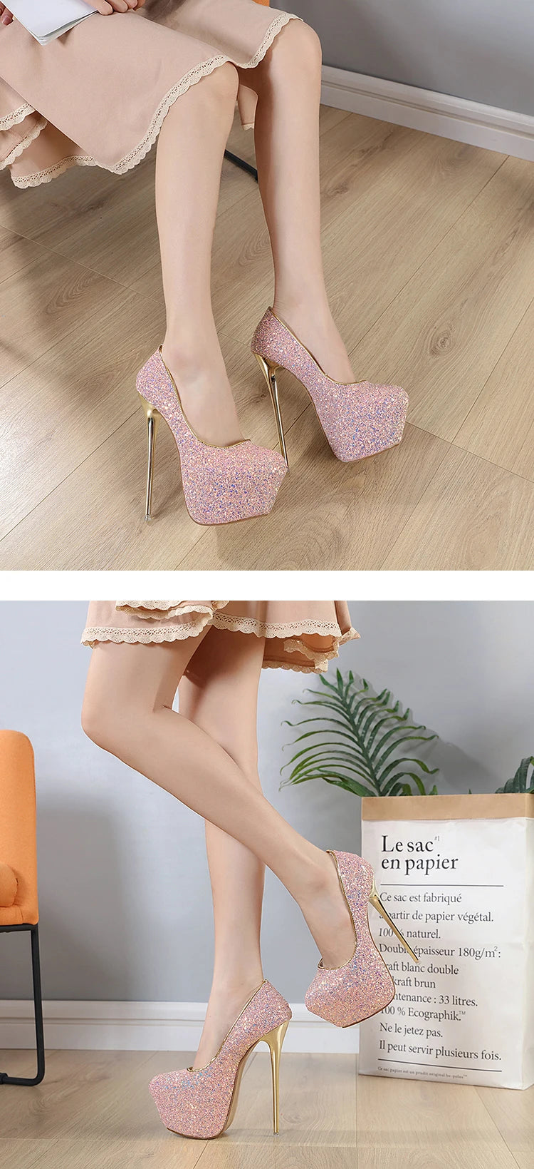 Comemore Sexy Size 34 43 44 45 Bling Sequins High Heels Pumps Platform Fashion Striptease Women's Heel Shoes Summer Slip-On 2025
