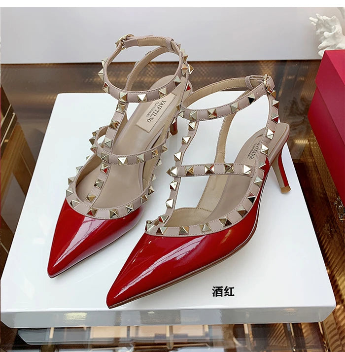 2025 Summer Brand Leather Women's Sandals Classic Rivet Gladiator High Heels Sexy Luxury Pumps Wedding Party Pointed toe Shoes