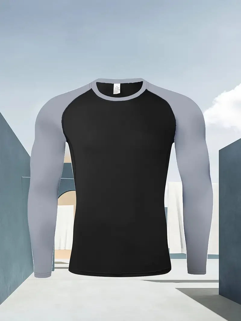 Men's Quick Dry Breathable Color Blocking Slim Long Sleeve High Stretch Base Layer Outdoor Jogging, Fitness Training Activity
