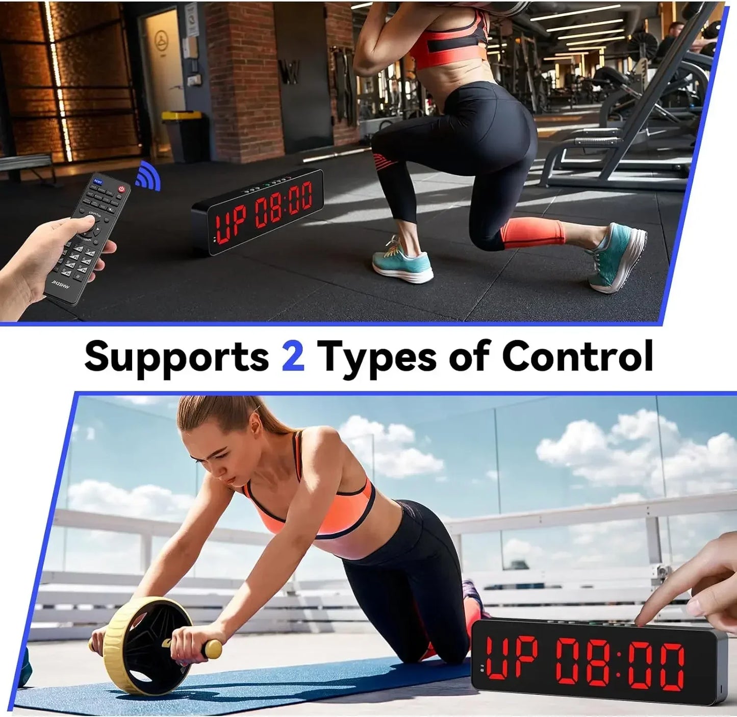Gym Timer with Remote 12''x 3.5''Ultra-Clear Interval Timer with LED Countdown/Up Wall Clock Power Fitness Timer Stopwatch