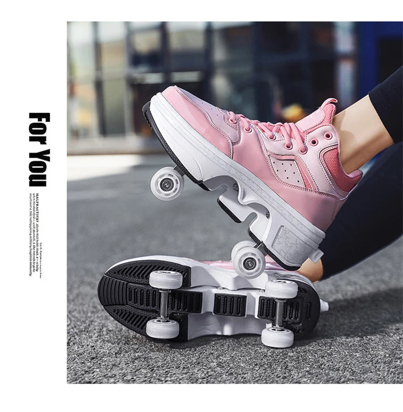 Parkour Shoes 4 Wheels Deformation Roller Skating Shoes Kids Adults Unisex Sneakers Street Urban Fitness FSK Quad Skating Shoes