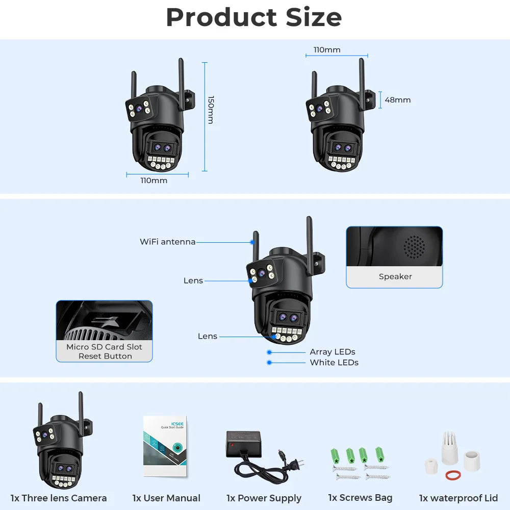12MP 6K PTZ Wifi Camera 8X Digital Zoom Outdoor Dual Screens Wifi Surveillance Camera Night Vision CCTV IP Security Camera ICSEE