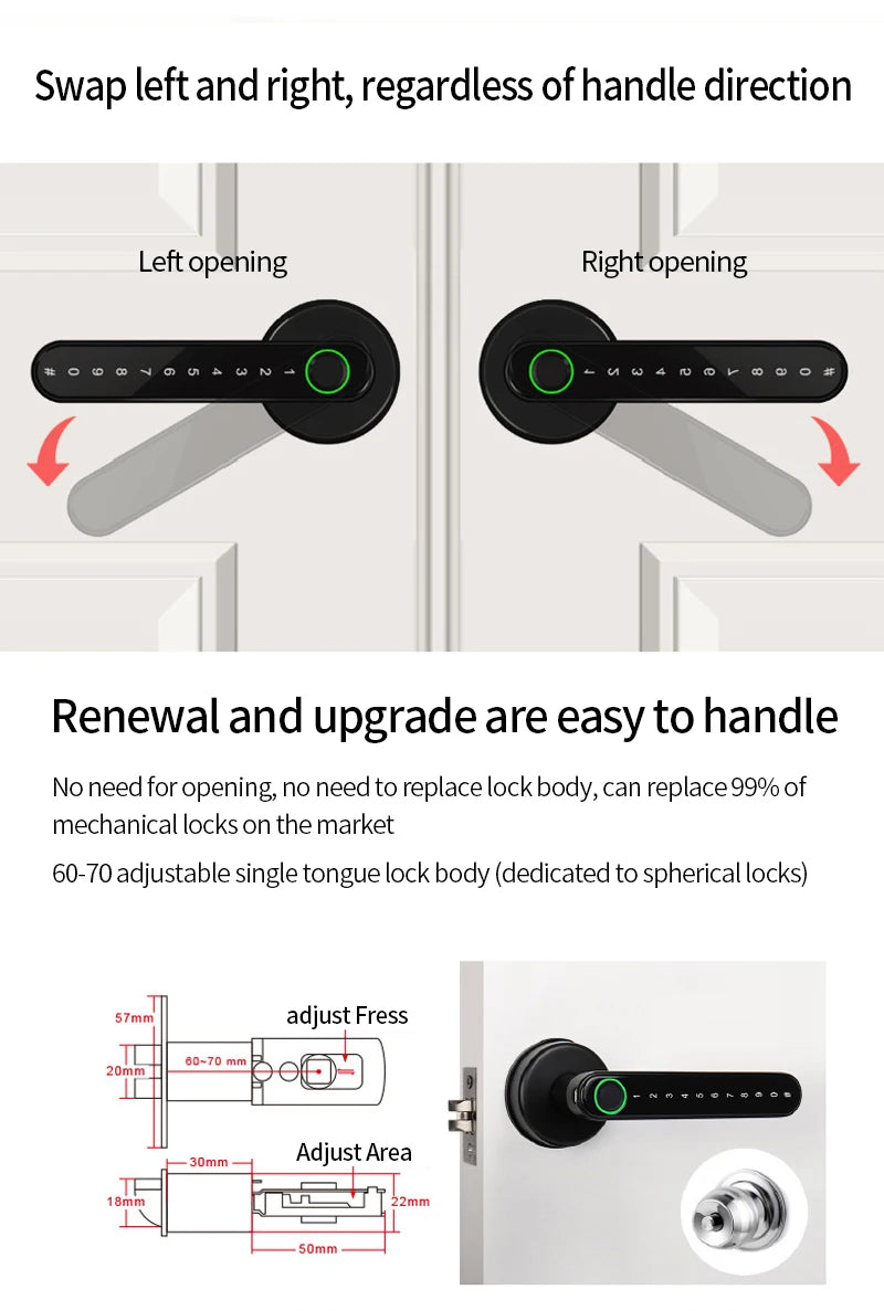 Smart Door Lock Handle With Fingerprint Key card Digital Door Lock Keypad Key Entry electronic lock Mobile APP Control