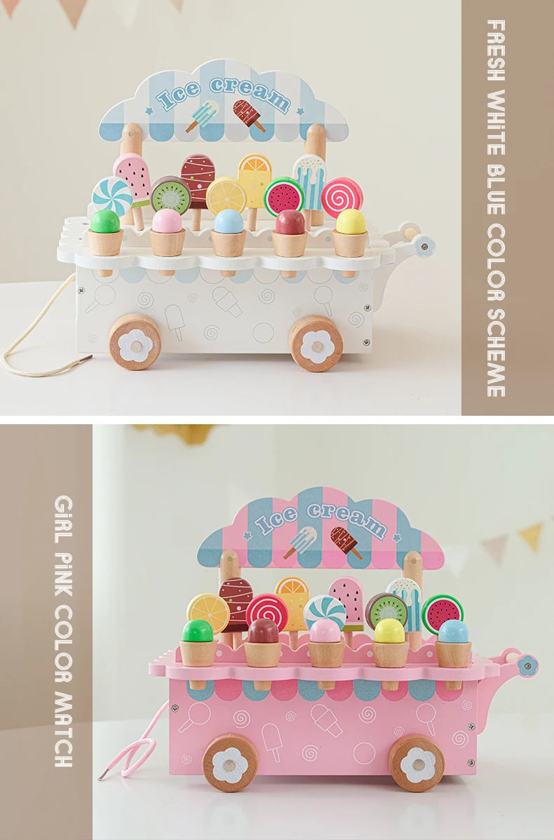 Wooden Ice Cream Girl Toy Kitchen Pretend Play Toys Kitchen Accessories Simulation Ice Cream Shop Montessori Education Toy Gifts
