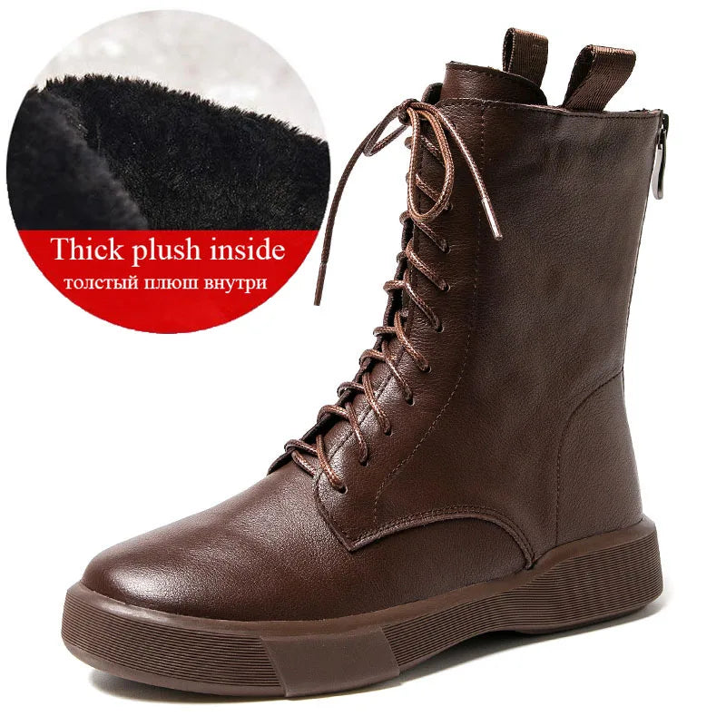 DRKANOL 2026 Fashion Women Boots Autumn Winter Shoes Soft Bottom 100% Genuine Leather Flat Mid Calf Boots Women Casual Warm Boot