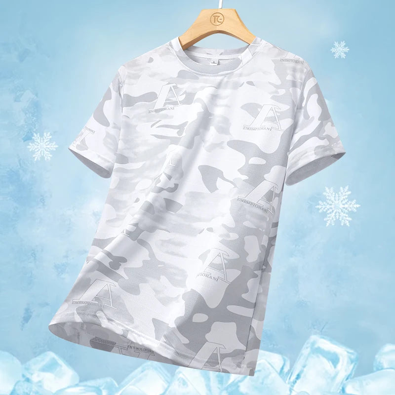 Quick drying ice silk short sleeved T-shirt 2024 summer camouflage thin breathable quick drying running fitness sportswear