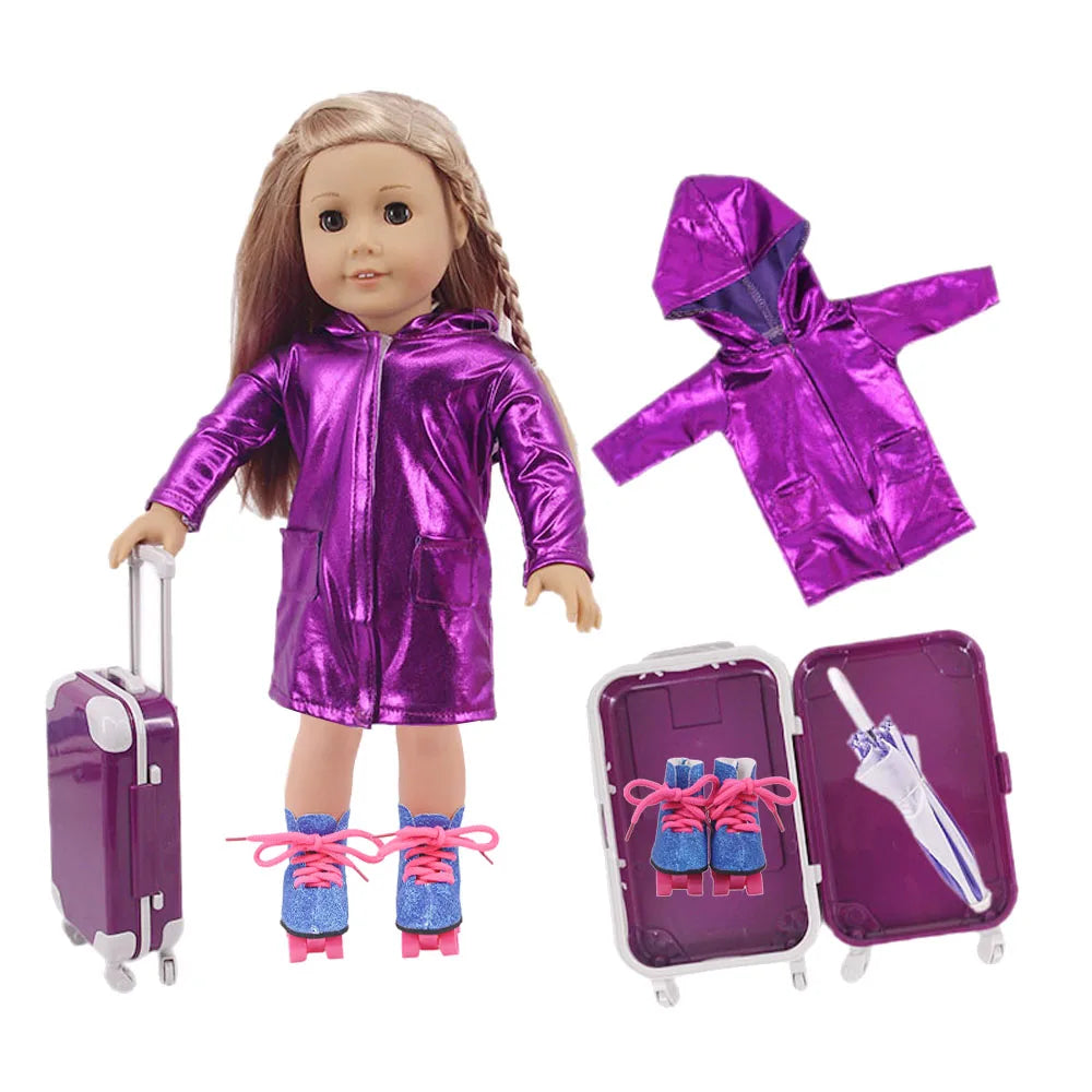 4Pcs=Raincoat+Umbrella+Rain Boots+Suitcase For 18 Inch American Doll&43Cm Reborn Baby Doll Accessories Generation Girl DIY Toys