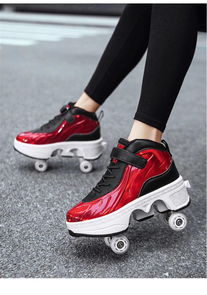 Parkour Shoes 4 Wheels Deformation Roller Skating Shoes Kids Adults Unisex Sneakers Street Urban Fitness FSK Quad Skating Shoes
