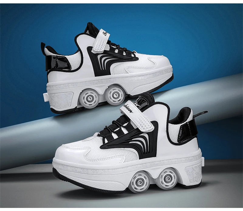 Parkour Shoes 4 Wheels Deformation Roller Skating Shoes Kids Adults Unisex Sneakers Street Urban Fitness FSK Quad Skating Shoes