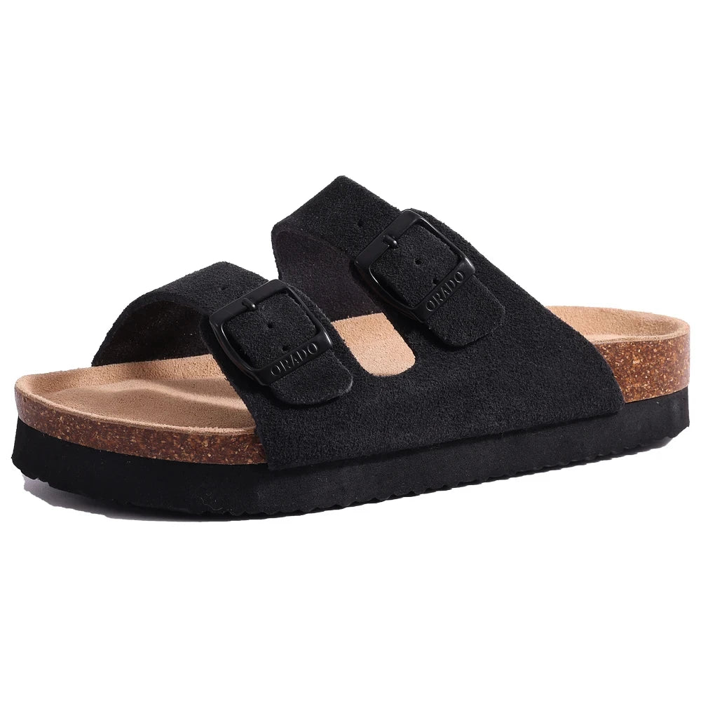 KIDMI Cork Clogs Slippers For Women Cork Footbed Beach Sandals Outdoor Suede Clogs Sandals With Adjustable Buckle Men Sandals
