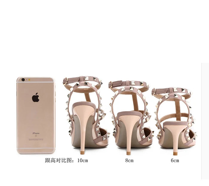 2025 Summer Brand Leather Women's Sandals Classic Rivet Gladiator High Heels Sexy Luxury Pumps Wedding Party Pointed toe Shoes