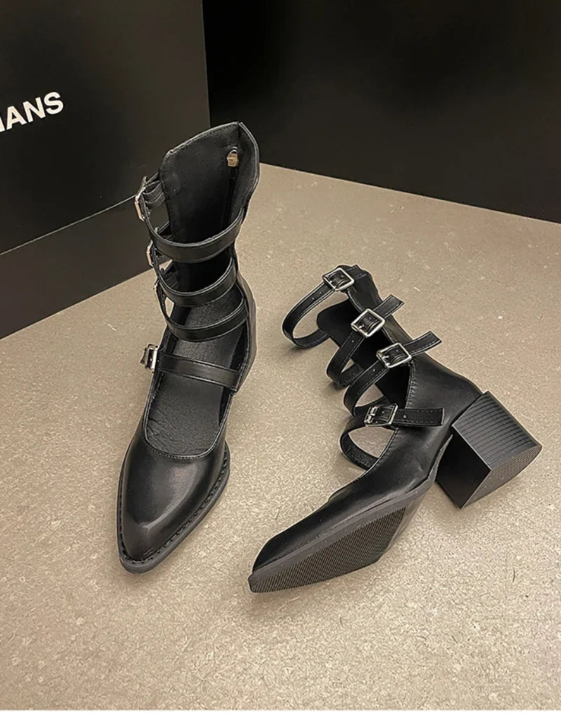Pointed Toe Women Ankle Boots Fashion Back Zippers Metal Buckle Short Booties Retro Style Female Shoes