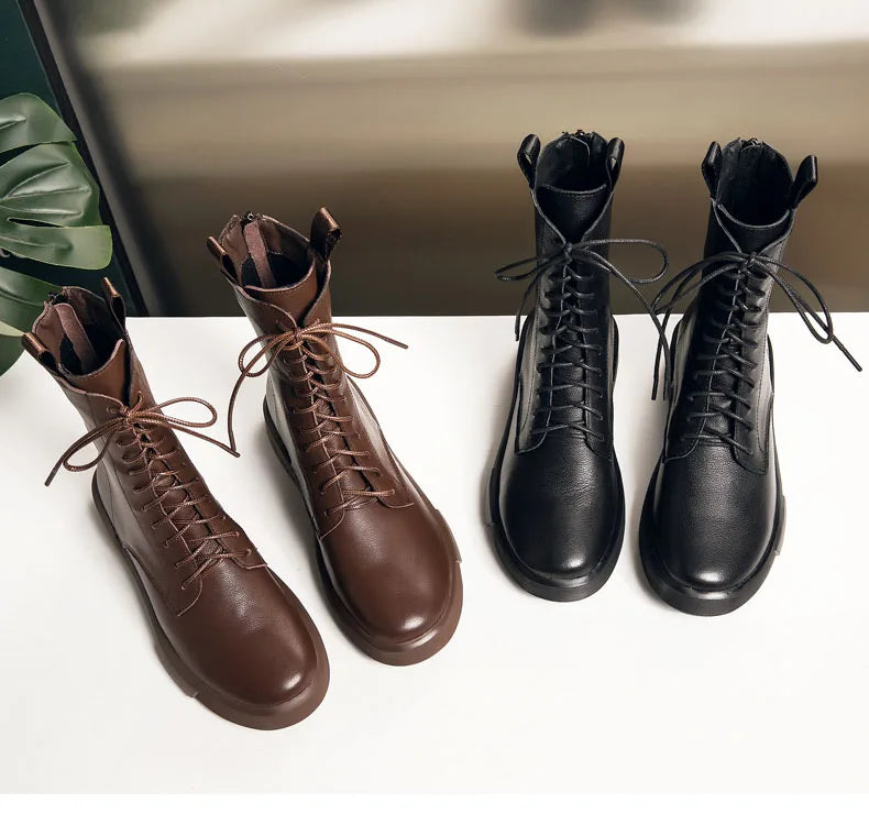 DRKANOL 2026 Fashion Women Boots Autumn Winter Shoes Soft Bottom 100% Genuine Leather Flat Mid Calf Boots Women Casual Warm Boot