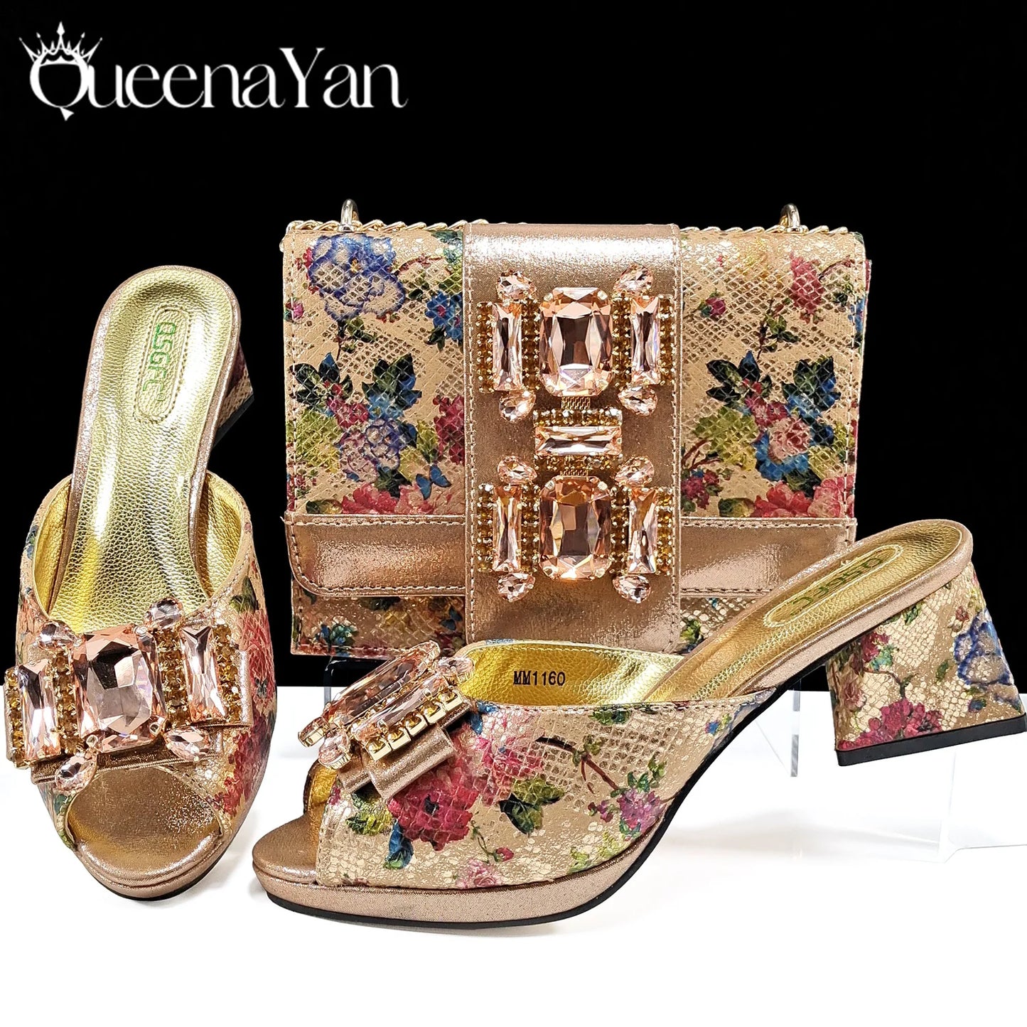 QSGFC Italian Sandals and Bags Matching Set 2025 Women Heel Party for Rose Gold Colour Wedding Bigger Size Thick Heel Shoes