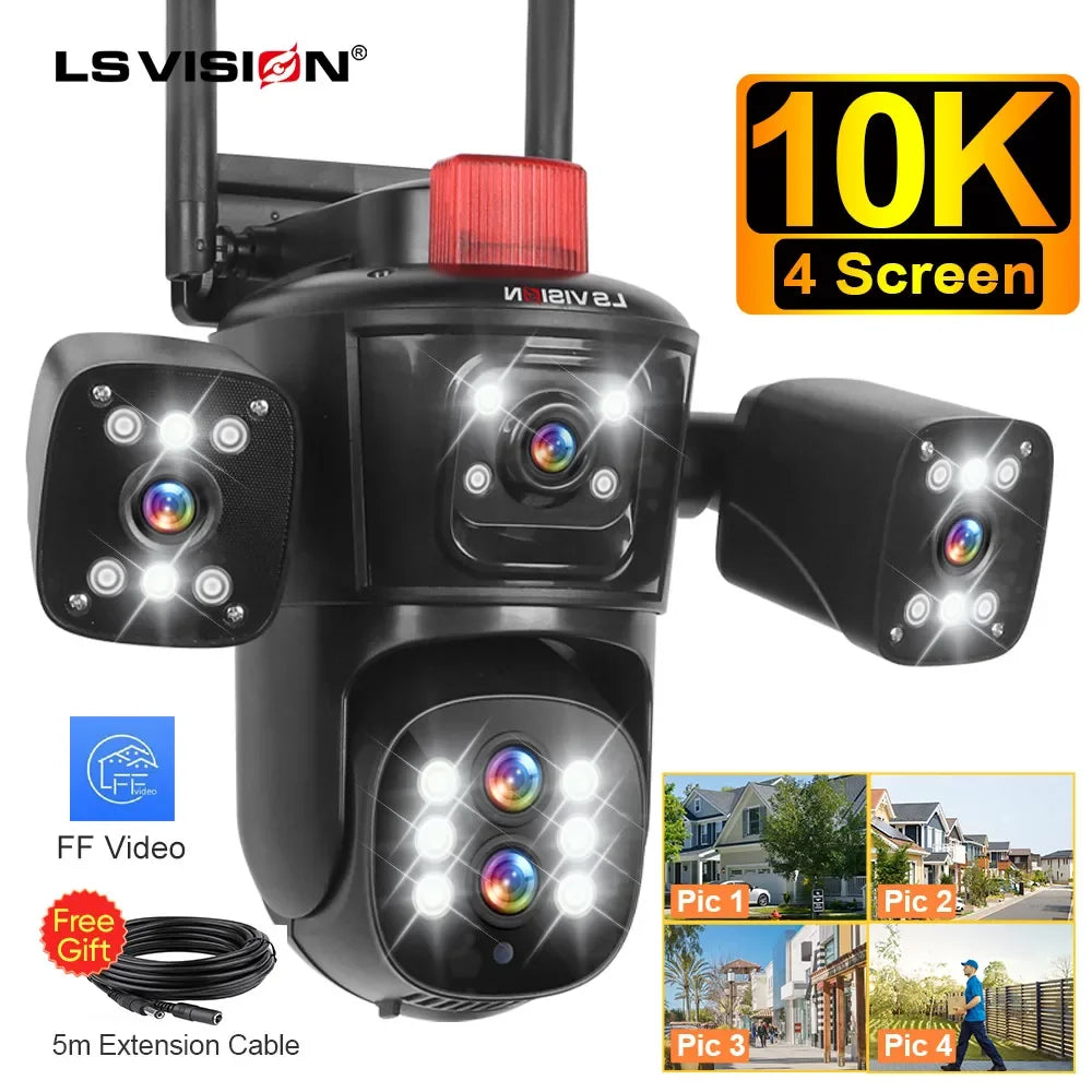 LS VISION 10K 20MP Four Screens WiFi PTZ Camera 10X Optical Zoom Auto Tracking Humanoid Detection CCTV Security Cameras Outdoor