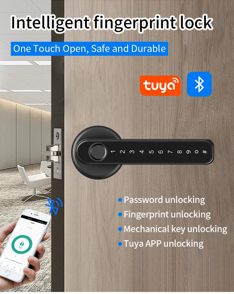 Smart Door Lock Handle With Fingerprint Key card Digital Door Lock Keypad Key Entry electronic lock Mobile APP Control