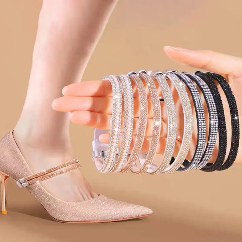 1/2Pairs Rhinestone High Heels Shoes Band Anti-loose Women Diamond Shoelaces Anti-drop Heel Straps Belt Drill Elastic Fixed Belt