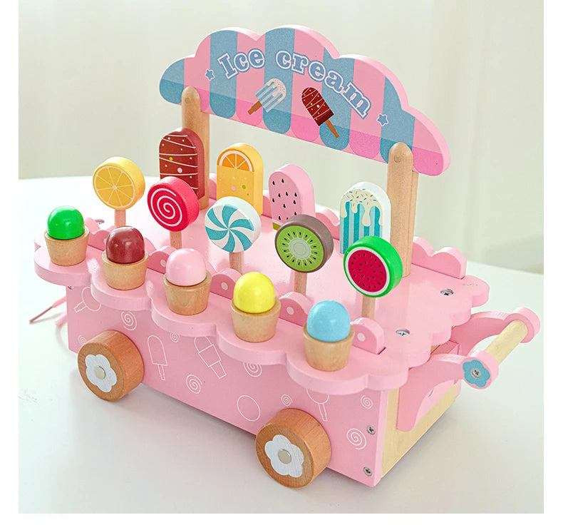 Wooden Ice Cream Girl Toy Kitchen Pretend Play Toys Kitchen Accessories Simulation Ice Cream Shop Montessori Education Toy Gifts