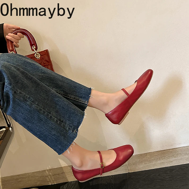 Retro Style Square Toe Women's Mary Jane Shoes Elegant Shallow Dress Flats Leather Footwear for Ladies